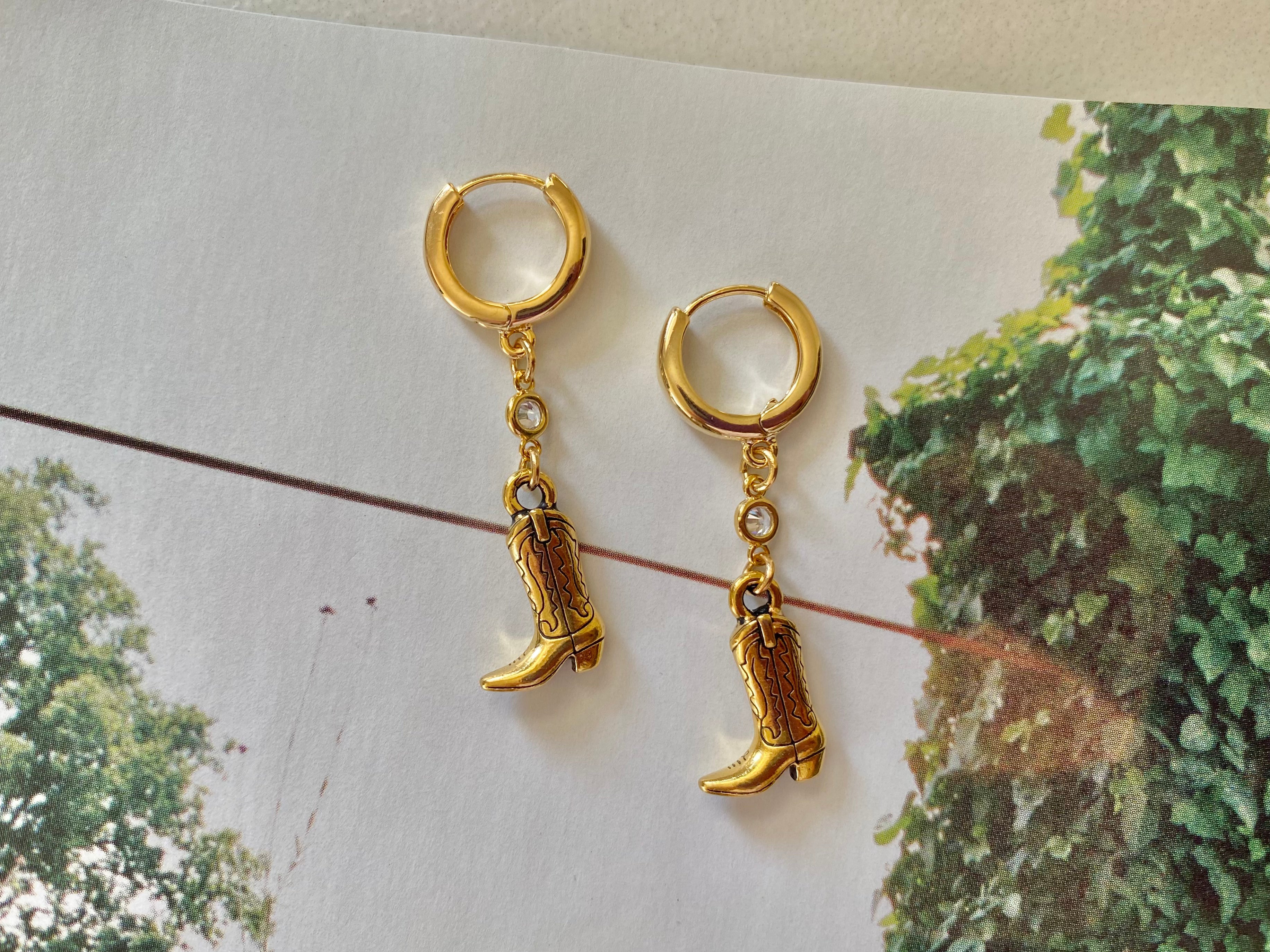 gold cowboy boot earrings with cubic zirconia